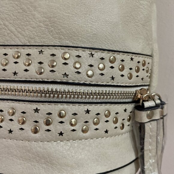 DS Faux Leather Tote Bag Purse Satchel Large Beige Studded Lazer Cut Zippers - Picture 3 of 11